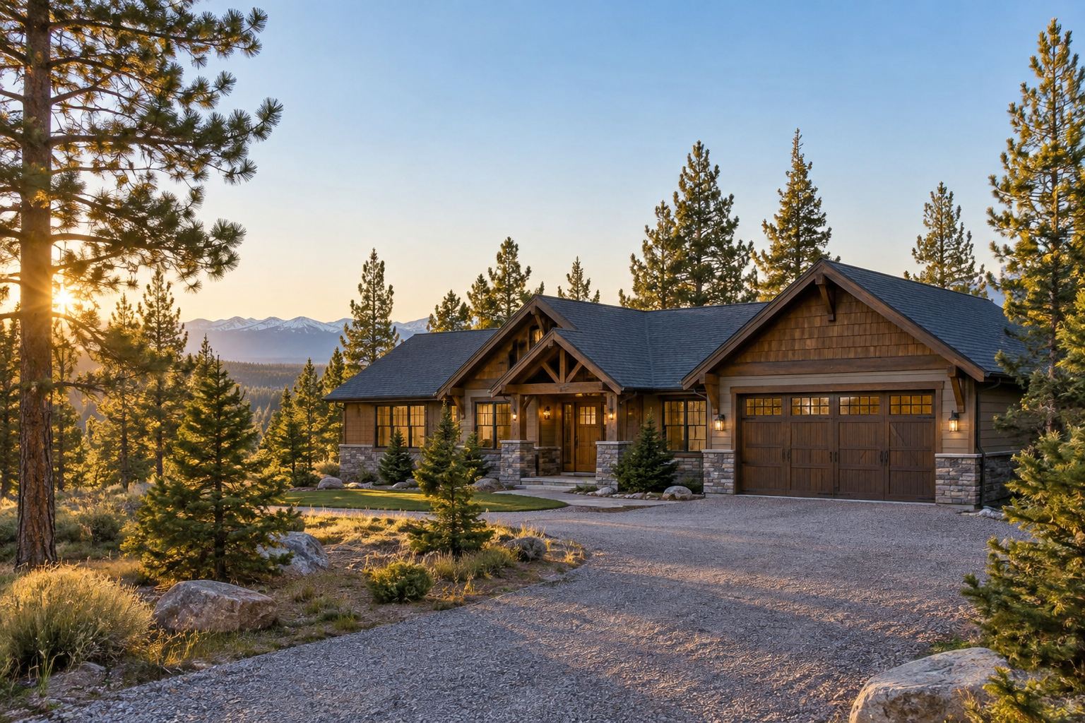 A Montana home on a quiet Kalispell area street with mountains faint in the distance, illustrative