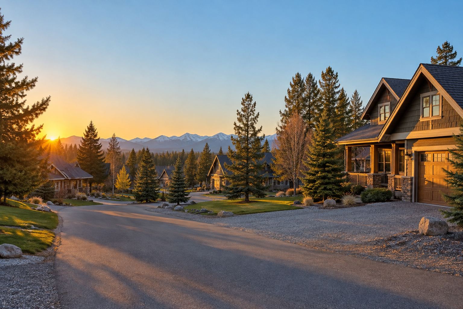 A Kalispell residential street at sunset, illustrative