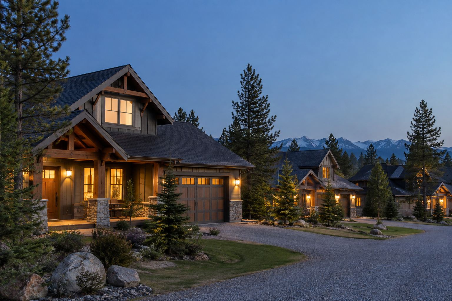 Montana homes at dusk, illustrative