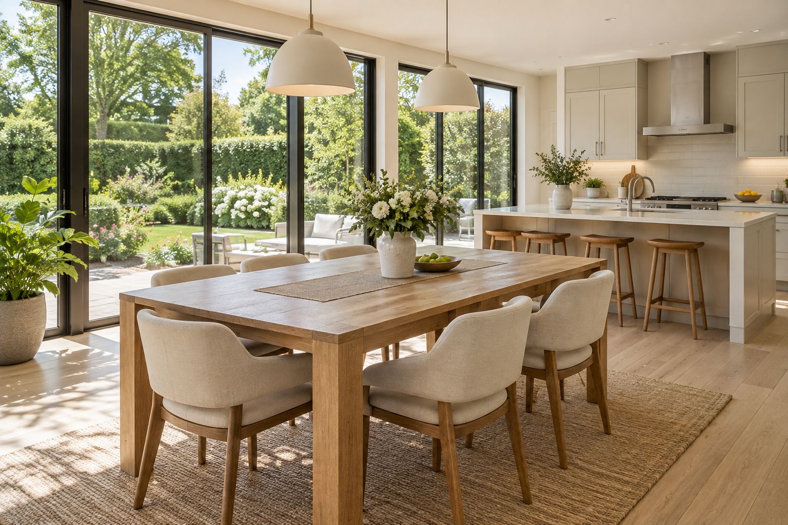 A bright dining room with mountain views, illustrative